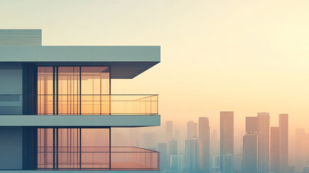 A modern city house with a beautiful view of the skyline, no people, with space for textの素材