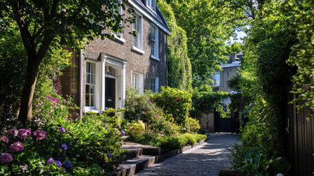 A beautiful house in a quiet city street with a lush garden, with wide copy space availableの素材