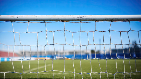 Detailed shot of a stadium's goalpost, no people in view, clear background with space for textの素材