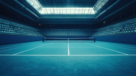Empty overseas tennis court in a stadium, soft lighting, with ample room for copy spaceの素材