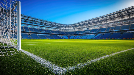 Empty goal in an overseas stadium with clean field and ample room for copy spaceの素材