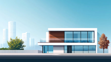 Contemporary house with a clean design in the city, blue sky, and space for text availableの素材