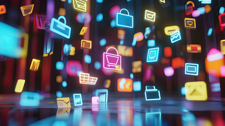 3D render of online shopping icons floating in a digital space, with wide copy spaceの素材