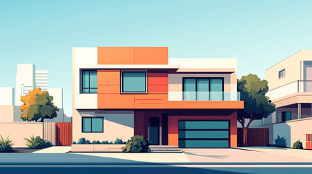 Elegant house with contemporary architecture in a city, no people, wide copy space availableの素材