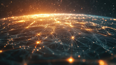 3D abstract world with network nodes, no people, ample space for copy fの素材