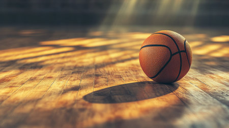 A solitary basketball resting on the hardwood court, detailed close-up with copy spaceの素材