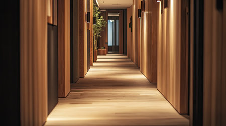 Cozy hallway with wooden accents, soft lighting, perfect for text overlayの素材
