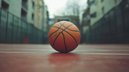 Close-up of a single basketball on an empty court, focus on the texture, room for text, high contrastの素材