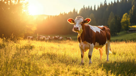A single cow in a sunlit meadow peaceful atmosphere space for textの素材