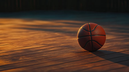 A solitary basketball resting on the hardwood court, detailed close-up with copy spaceの素材