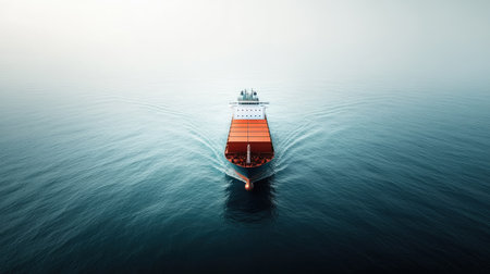 Cargo ship in the middle of the ocean, no people, vast water background, room for copyの素材