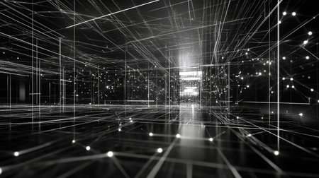 Complex network in 3D space, digital nodes and lines, no people, room for textの素材