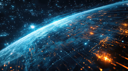 Abstract satellite connections circling the globe, digital concept, ample space for copyの素材