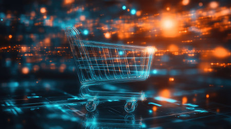 Abstract e-commerce concept on a virtual screen, no people, space for copyの素材