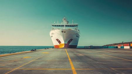Cargo ship docked at a port, empty deck, clear skies, ample space for textの素材