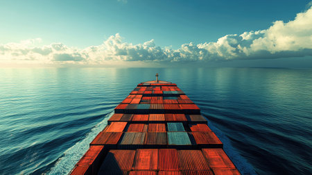 Cargo ship navigating through calm seas empty deck room for textの素材