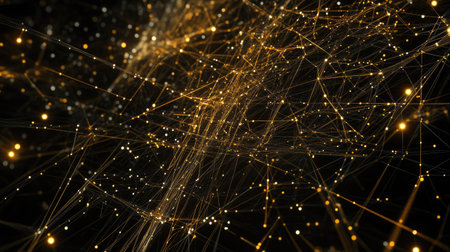 Complex network in 3D space, digital nodes and lines, no people, room for textの素材