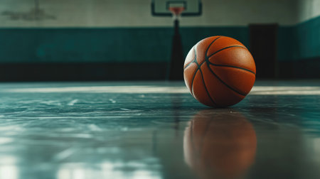 Detailed shot of a basketball on a gym floor, close-up, with empty background for copyの素材