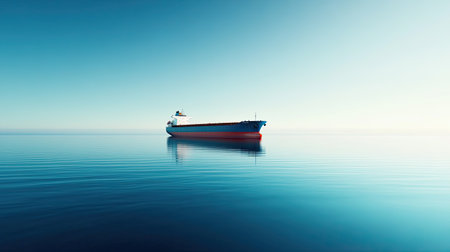 Cargo ship sailing through calm waters, clear skies no people ample space for textの素材