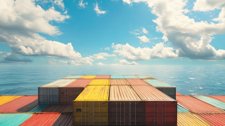Cargo ship with stacked containers, no people, vast ocean background, ample space for copyの素材