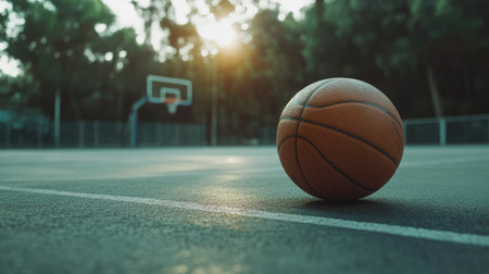 Basketball alone on a court, close-up shot, focus on the ball's texture, space for textの素材