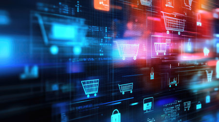 Abstract touch screen with shopping icons, digital concept, no people, ample space for textの素材