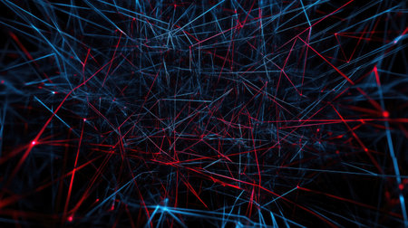 Complex network in 3D space, digital nodes and lines, no people, room for textの素材