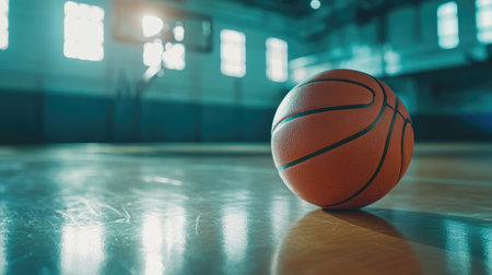 Detailed shot of a basketball on a gym floor, close-up, with empty background for copyの素材