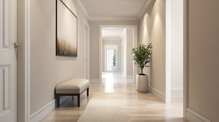 Contemporary hallway with sleek furniture, simple design, ample space for textの素材