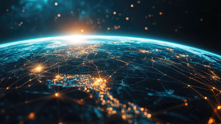 Digital world with complex network connections, abstract concept, space for textの素材