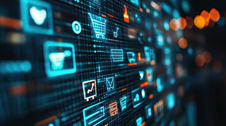 E-commerce icons on a touch screen interface, abstract design, space for copyの素材