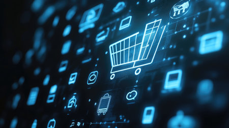 E-commerce symbols on a virtual interface no people clean space for copyの素材