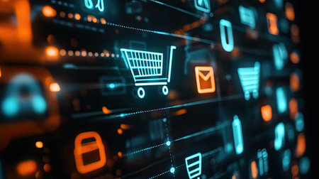 E-commerce symbols on a virtual touch screen, abstract design, space for textの素材