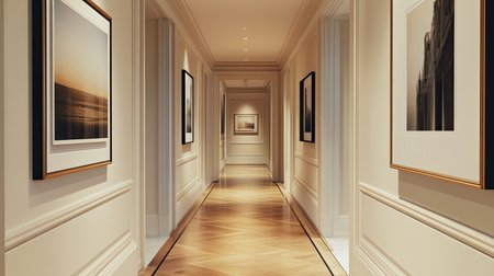 Elegant hallway with framed art on walls, minimalist decor, ample space for textの素材