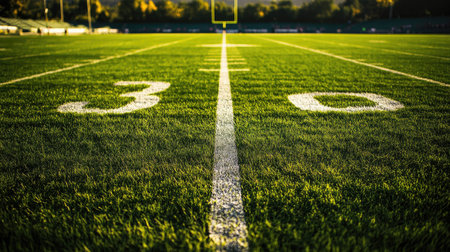 Football field with a focus on the 50-yard line, no players, ample copy spaceの素材