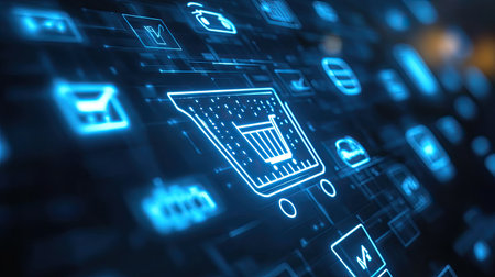 E-commerce symbols on a virtual interface no people clean space for copyの素材