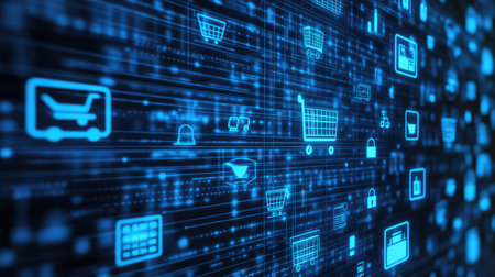 E-commerce icons on a digital touch screen no people clear space for copyの素材