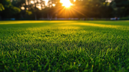 Green grass running field, no people, vibrant and spacious, ample space for copyの素材