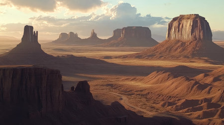Majestic view of Monument Valley, iconic rock formations, wide open space for textの素材