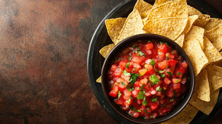 Flat lay of a bowl of salsa with tortilla chips, space for textの素材