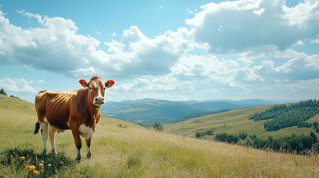 Majestic cow in a serene landscape, peaceful setting with space for textの素材