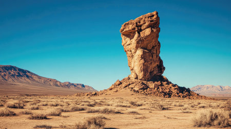 Lone rock formation in the Utah desert, clear blue sky, ideal for text overlayの素材