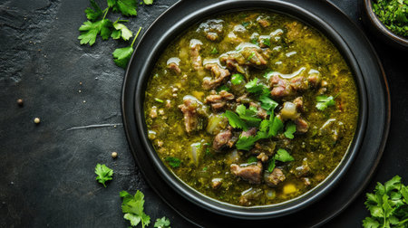 Flat lay of a plate of chile verde, rich and savory, ample space for textの素材