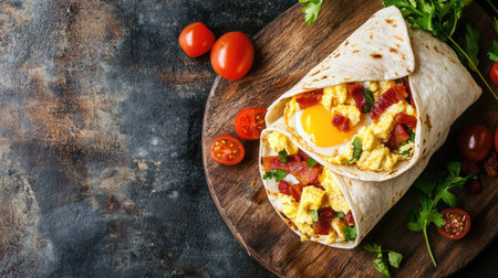 Flat lay of a breakfast burrito with eggs and bacon, copy space availableの素材