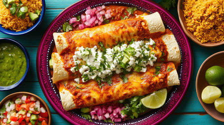 Flat lay of a plate of enchiladas suizas, vibrant colors, open area for copyの素材
