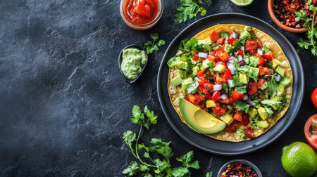 Flat lay of a plate of tostadas with various toppings, space for textの素材