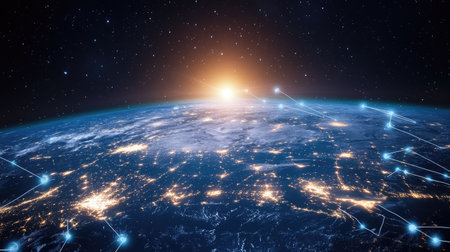 Glowing satellite network around a digital world, no people, room for textの素材