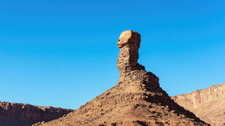 Lone rock formation in the Utah desert, clear blue sky, ideal for text overlayの素材