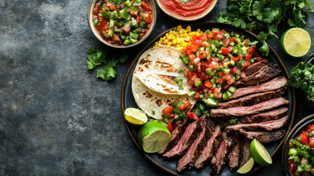 Flat lay of a plate of carne asada, grilled to perfection, space for textの素材