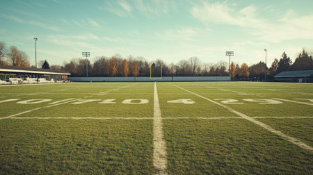 Football field with a focus on the 50-yard line, no players, ample copy spaceの素材